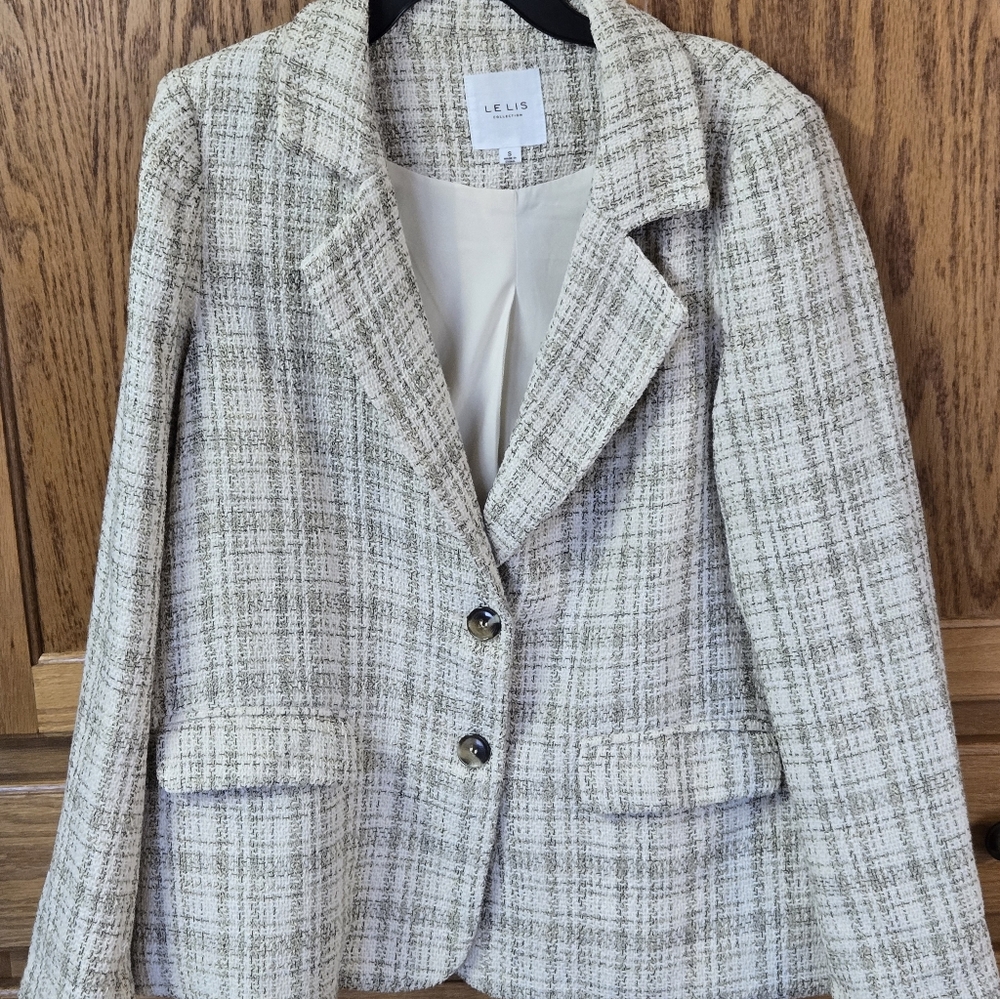 Le Lis Collection Womens Size S Cream Tweed Plaid Button Up Blazer Jacket Classy